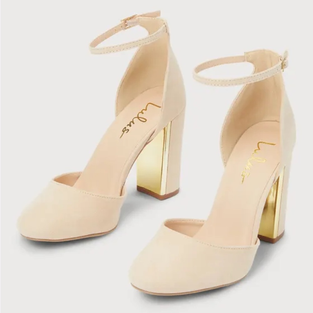 Lulus Laura Light Nude Suede Ankle Strap Heels block heel gold trim 11 new w/box